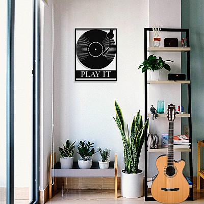 Çerçeve İçinde Plak ve Dj Set Play It Tasarım Metal Tablosu 50x40cm