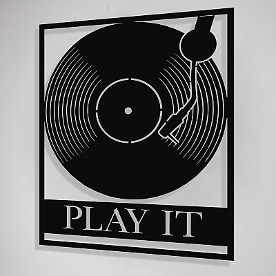 Çerçeve İçinde Plak ve Dj Set Play It Tasarım Metal Tablosu 50x40cm